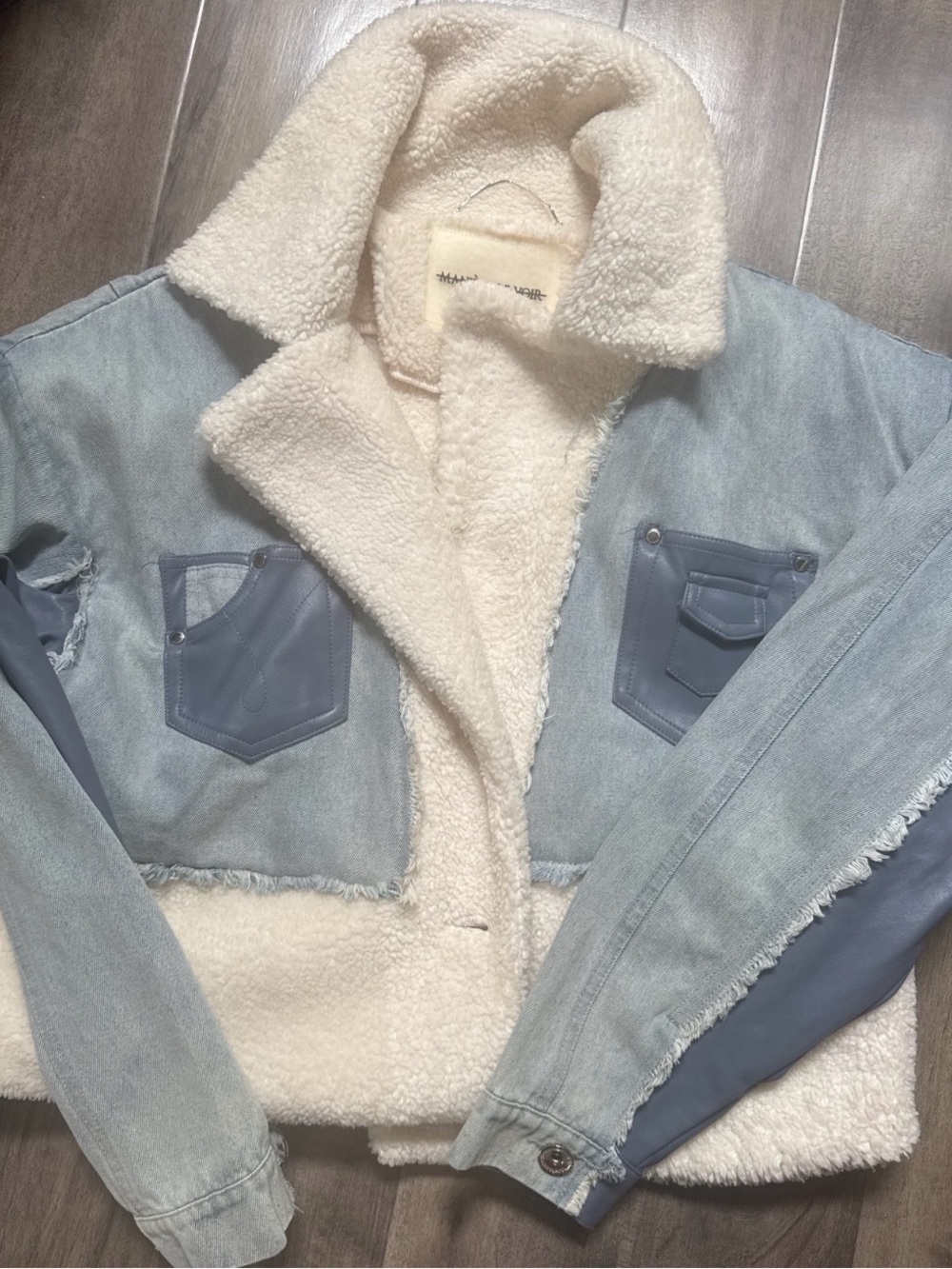 Manière De Voir Two-Tone Denim Sherpa Crop Shacket Cream Y2K Designer Jacket M
